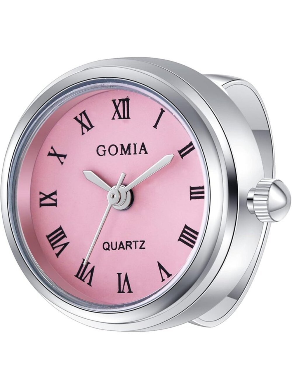 Unisex Silver Pink Quartz Roman Numeral Adjustable Open Band Finger Ring Watch